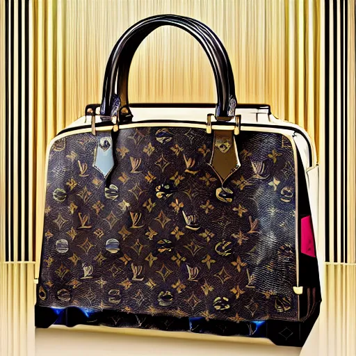 Prompt: a louis vuitton handbag in year 3000, art-deco style, in entrance hall of an art-deco skyscaper, photography , official vuitton editorial , highly detailed