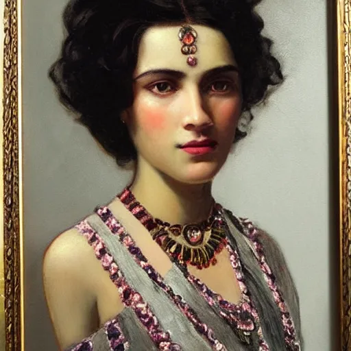 Image similar to a oil painting of a fair skin with dark curly stylised hair queen wearing dress, by frederick william elwell, hans emmenegger, by nicholas roerich, by georgia o keeffe highly detailed, realistic, concept art, jewels, oriental, desaturated