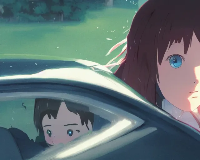 Image similar to a brunnete girl with blue eyes and puffy cheeks lying in a car accident, long shot from the top, anime art, Greg Rutkowski, studio ghibli, dramatic lighting