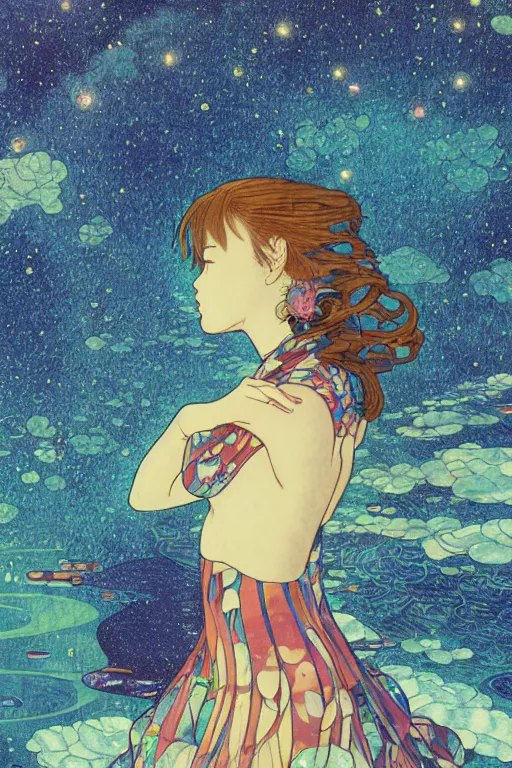 Prompt: a lonely girl floating in a spacestation, loish, yoshitoshi abe, gustav klimt, yuya nagai, Ilya Kuvshinov, murata range, jean giraud, makoto shinkai, kawaii, sketch, alphonse mucha, vibrant colors, matte print, high saturation, detailed, studio lighting, anime, 1980s