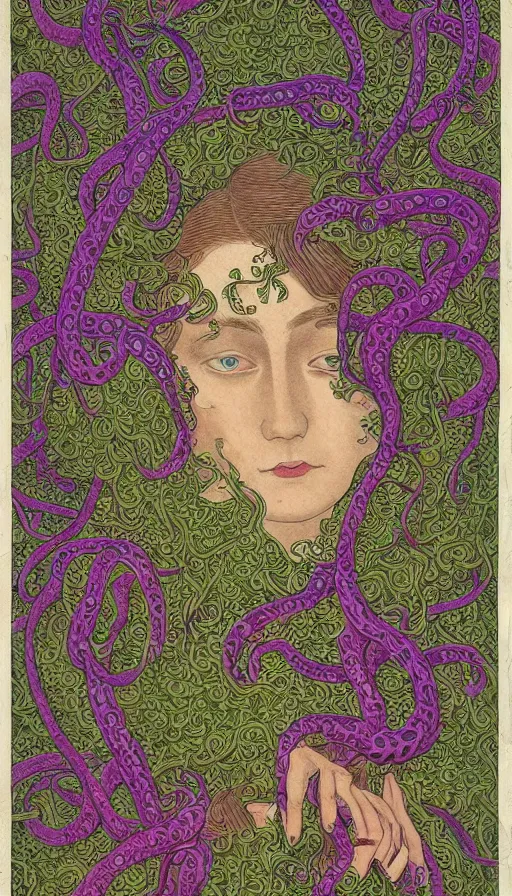 Image similar to very detailed portrait of a 2 0 years old girl surrounded by tentacles, the youg woman visage is blooming from fractal and vines, by ivan bilibin,