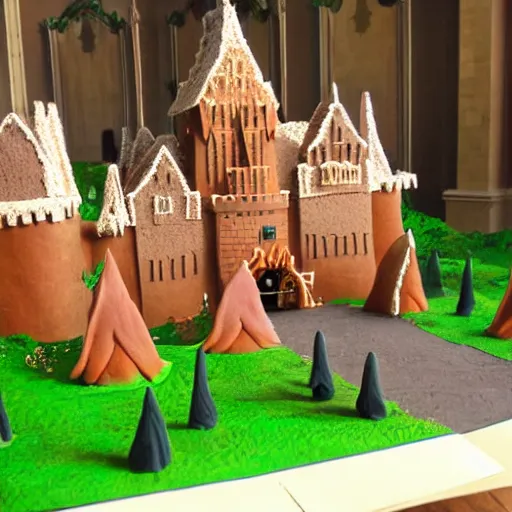 Image similar to people walking into the castle by walt disney buit made from gingerbread and stuff, live action digital art