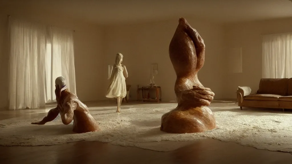 Image similar to giant hand made of wax and water floats through the living room, film still from the movie directed by Denis Villeneuve with art direction by Salvador Dalí, wide lens