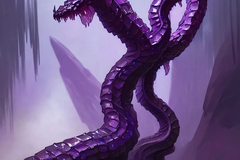 Image similar to concept art of a crystal hydra, d & d creature, by greg rutkowski and alphonse mucha, gradient black to purple, monoliths in a dark forest background, highly detailed, digital painting, artstation, concept art, smooth, sharp focus illustration, artstation hq