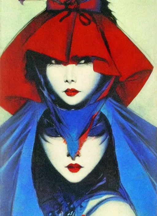 Image similar to portrait of heavyset mighty korean vampiress, jeweled veil, blue and red, strong line, saturated color, beautiful! coherent! by frank frazetta, high contrast, minimalism