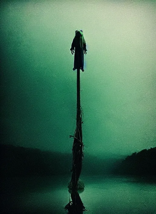 Image similar to “frog unicorn vertically hovering above misty lake waters in jesus christ pose, low angle, long cinematic shot by Andrei Tarkovsky, paranormal, eerie, mystical”