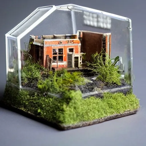 Image similar to a terrarium with sizewell b nuclear power plant diorama inside on top of a minimalist table, lit from the side