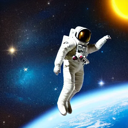 Image similar to astronaut in space, galactic background reflections on suit on one side and a yellow planet on the other side