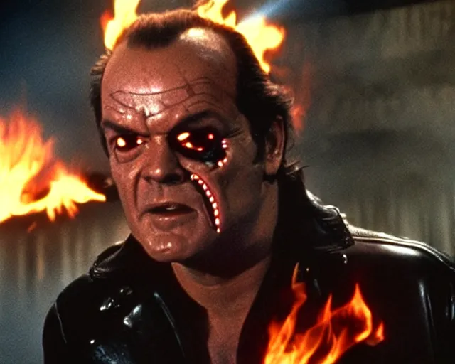 Image similar to Jack Nicholson plays Terminator wearing leather jacket and his endoskeleton is visible his eye glows red, walking out of flames