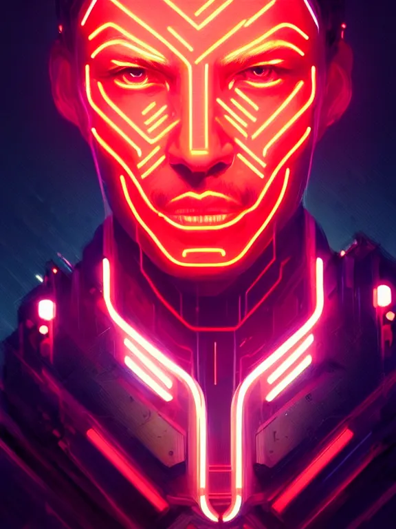 Image similar to portrait of male humanoid, intricate, masculine, cyber neon lights, highly detailed, digital photography, artstation, stylish pose, concept art, smooth, sharp focus, illustration, art by artgerm and greg rutkowski