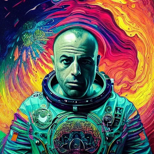 Image similar to Joe Rogan an extremely psychedelic experience, colorful, surreal, dramatic lighting, cosmonaut, LSD, face, detailed, intricate, elegant, highly detailed, digital painting, artstation, concept art, smooth, sharp focus, illustration, art by Sam Spratt, Dan Mumford, Artem Demura and Alphonse Mucha