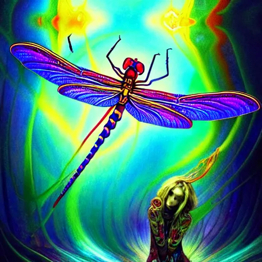 Prompt: An extremely psychedelic abstract illustration of celestial dragonfly, colorful, surreal, dramatic lighting, magic mushrooms, psilocybin, LSD, detailed, intricate, elegant, highly detailed, digital painting, artstation, concept art, smooth, sharp focus, illustration, art by Krenz Cushart and Artem Demura and alphonse mucha