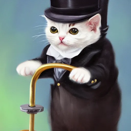 Image similar to Kitty with a tophat and monocle riding a unicycle, hyperrealistic painting 4K digital art trending on artstation