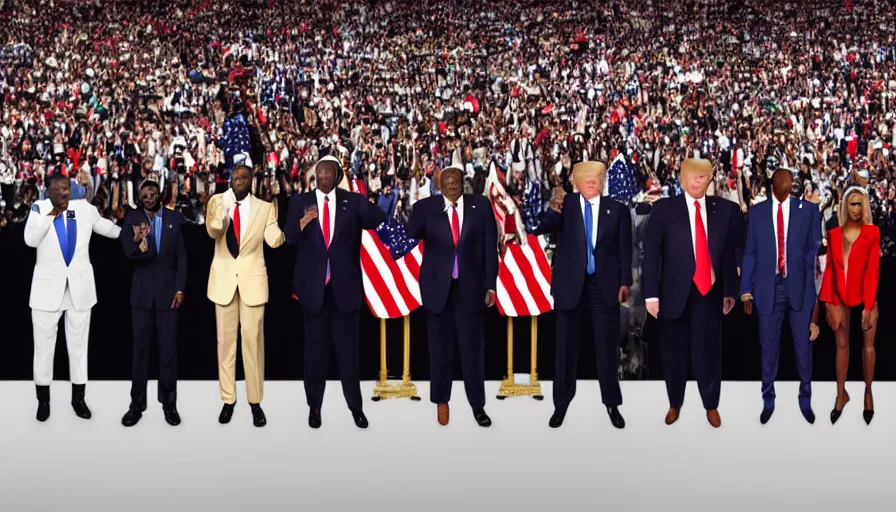 Prompt: hyperrealistic photograph of joe biden, donald trump, will smith, chris rock, kanye west, and pete davidson pledging allegiance, photorealism,