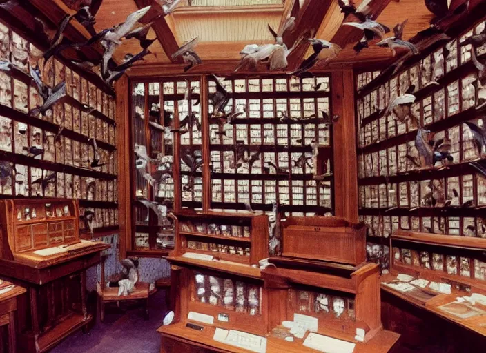 Prompt: realistic photo of the birds made of wood, polished and fancy, standing in the wooden room full of medieval computers. displays are shiny 1 9 9 0, life magazine reportage photo