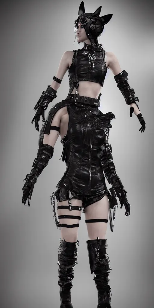 Prompt: haute couture, clothing setting for future female warrior, model standing pose, futurism, vest, leather coat, shorts, boots, electronic cat ears, cyberpunk style, render by octane and blender, hyper realistic, hyper detailed