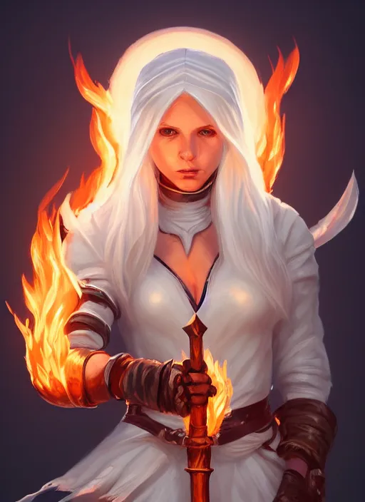 Prompt: a highly detailed illustration of beautiful platinum blonde nun wielding giant flaming wooden stake, powerful wielding wooden stake pose, perfect face, intricate, elegant, highly detailed, centered, digital painting, artstation, concept art, smooth, sharp focus, league of legends concept art, wlop.