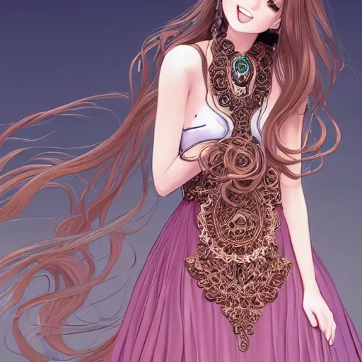 Prompt: a portrait of a cute woman with a big smile and long flowy hair, digital painting by ilya kuvshinov, wearing an ornate dress with lots of necklaces, by reiq, by takeshi obata, beautiful woman, hiromu arakawa, masashi kishimoto, 4 k wallpaper, masterpiece, gorgeous, stunning