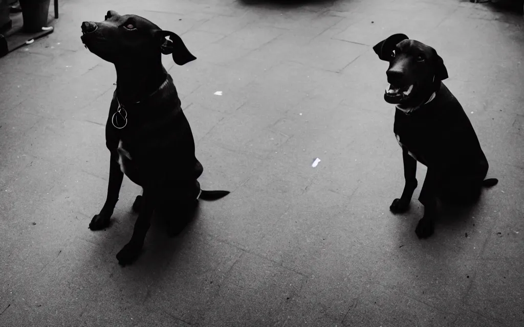 Image similar to a 3 5 mm photo of a dog, sigma 2 4 mm f / 8,, smiling,, sitting, warm lighting, strong shadow, cinematic, realistic,