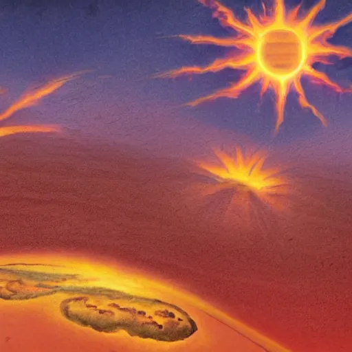 Prompt: giant fiery sun takes up most of the sky, two men look out over the horizon of a desert with plants on fire, highly detailed intricate matte painting