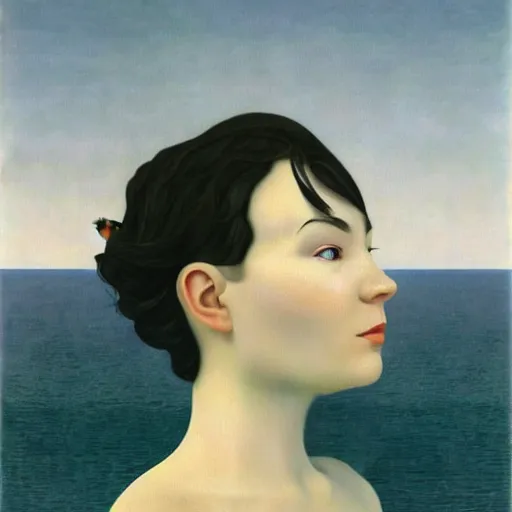 Image similar to very detailed portrait of photorealistic bjork floating above the ocean into a gray skay. painted by rene magritte, 1 9 2 7. oil on canvas.