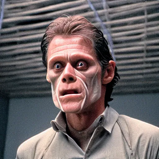 Image similar to willem dafoe as hannibal lecter in silence of the lambs. realistic film still. zeiss 5 0 mm.