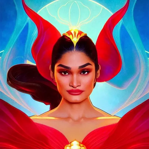 Image similar to pia wurtzbach as darna, volumetric lights, red and cyan theme, art nouveau botanicals, intricate, highly detailed, digital painting, artstation, concept art, smooth, sharp focus, cinematic, illustration, beautiful face, art by artgerm and greg rutkowski and alphonse mucha