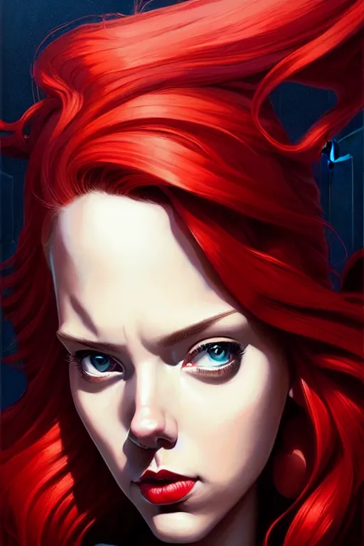 Image similar to peter mohrbacher, phil noto, artgerm, pretty scarlett johansson black widow, symmetrical eyes, long red hair, city rooftop