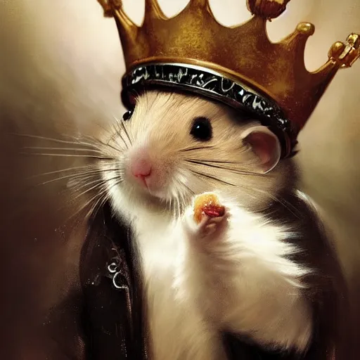 Prompt: a king hamster with a crown and a coat, painted by Raymond Swanland