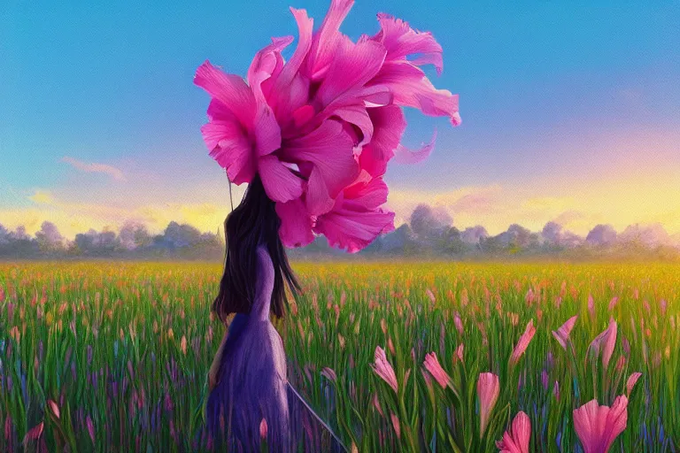 Image similar to giant gladiola head, girl walking in field of flowers, surreal photography, sunrise, blue sky, dramatic light, impressionist painting, digital painting, artstation, simon stalenhag