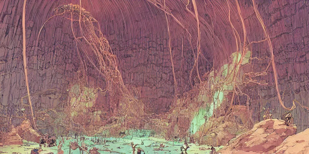Prompt: vast natural cave with bizarre creatures in huge experimental tanks , cables hanging from ceiling, thick cables on ground, ground perspective, computer screens, neons, top light , epic scene, 8k, illustration, art by ghibli moebius, comics art