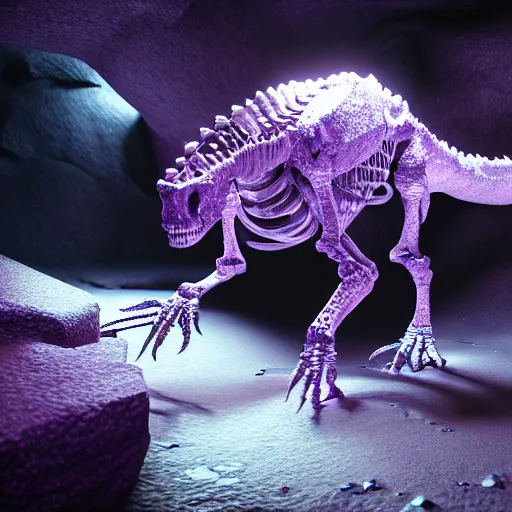 Prompt: full shot portrait of tiny dinosaur skeleton lying in a cave covered in big shiny crystals, detailed, unreal engine 4k volumetric light, fog, purple color palette