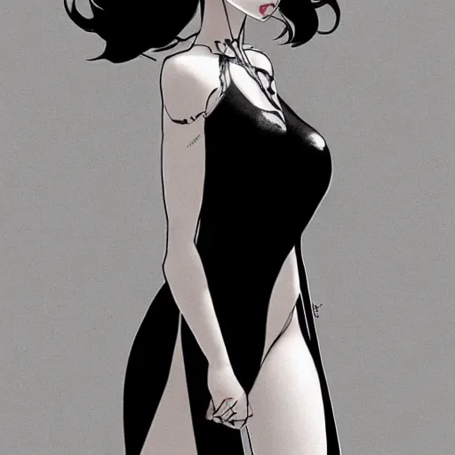 Image similar to slim beautiful killer girl in tuxedo with black wavy bob hair, elegant, 2d, ultra highly detailed, digital painting, smooth, sharp focus, artstation, black and white art by Tsutomu Nihei