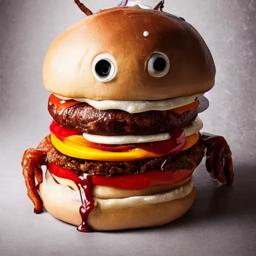 Image similar to a humanoid bipedal upright zombie that strongly resembles a hamburger, professional food photography