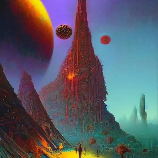 Image similar to a temple on a strange planet, by bruce pennington,, by kilian eng, by sam freio, by thomas rome, by victor mosquera, juxtapoz, behance, dayglo, prismatic