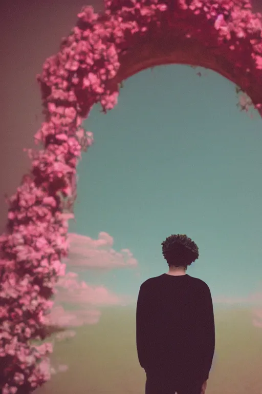 Image similar to kodak portra 4 0 0 photograph of a skinny guy looking into a otherworldly portal, flower crown, back view, vaporwave colors, grain, moody lighting, moody aesthetic,