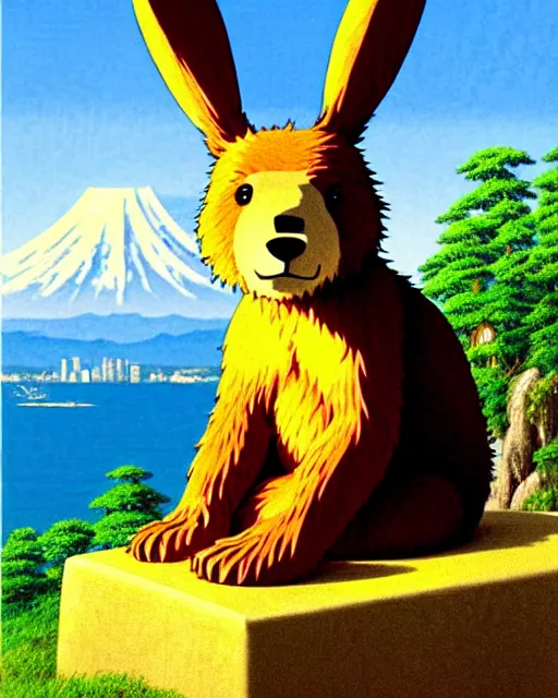 Image similar to a bear with rabbit ears, sitting in tokyo, city, sunny day, highly detailed, masterpiece, award winning, realistic, art by thomas cole and studio ghibli