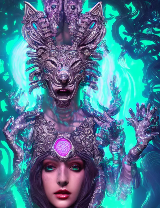 Image similar to 3 d goddess medium shot portrait with hyperdimensional totem implants. beautiful intricately detailed avante garde wolf mask and retrowave sorceress outfit. neon lizards, bio luminescent, water, plasma, creature, artwork by tooth wu and wlop and android jones and beetle and greg rutkowski