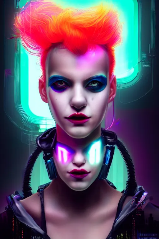 Prompt: portrait futuristic stylish cyberpunk young female clown, in futuristic rainny thunder flashing tokyo rooftop cyberpunk night, ssci-fi, fantasy, intricate, very very beautiful, elegant, neon light, highly detailed, digital painting, artstation, concept art, soft light, hdri, smooth, sharp focus, illustration, art by tian zi and craig mullins and WLOP and alphonse mucha