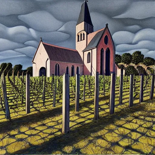 Image similar to Hyperrealism traditional austian church in a vineyard, painting by MC Escher