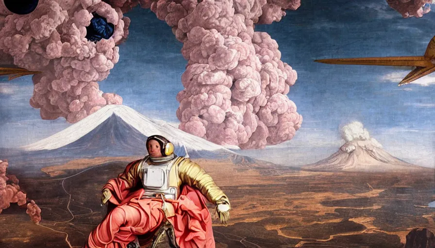 Prompt: a very elaborate elaborated huge standalone hyperrealistic photorealistic hyperdetailed astronaut standing in front of a terrible erupting volcano, seen from the distance. art nouveau rococo in the style of caravaggio. unexpected maximalist fabric elements hd 8 x matte background in vibrant pastel tones