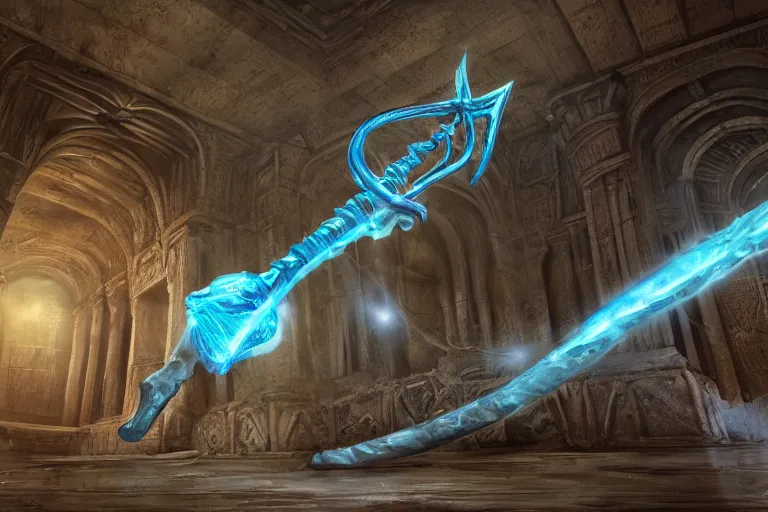 Image similar to old twisted staff weapon with a blue crystal at it's tip, fantasy movie scene greg rutkowski digital painting of an ornate and royal egyptian antechamber tomb, unreal engine, hyper realism, realistic shading, cinematic composition, blender render, octane render, hdr, detailed textures, photorealistic, ultrawide shot, 3 5 mm film