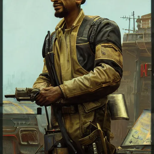 Image similar to Will Smith as a trader character in Fallout 4, gorgeous, beautiful, intricate, highly detailed, digital painting, artstation, oppressive lighting, concept art, sharp focus, illustration, art by greg rutkowski and alphonse mucha