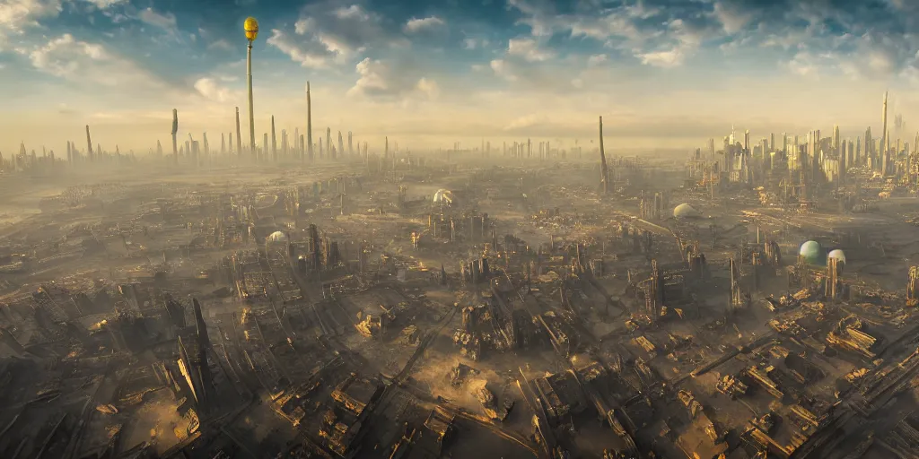 Image similar to a city that looks like coruscant, with a yellow green smog sky, cinematic lighting, blimps, power plants, factories, tall metal towers, muddy landscape in the distance, hd 4k photo