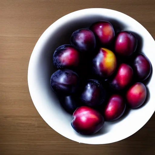 Prompt: a thick porcelain bowl filled with six large moist freshly picked plums on a wooden table. volumetric lighting. 4 k. small scale.