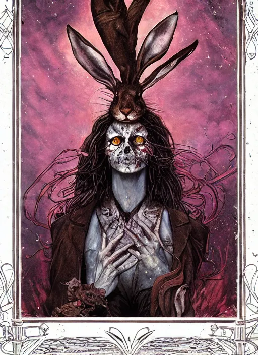 Image similar to the march hare, death tarot card, highly detailed, cinematic, 8 k, by megan duncanson, benjamin lacombe, adrian borda, stanley artgermm, tom bagshaw, craig mullins, carne griffiths, ayami kojima, beksinski, giger, trending on deviantart, hyper detailed, horror, full of colour