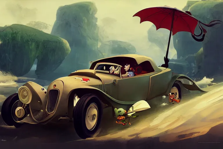 Image similar to a cartoony 1930 car, in the style of Rayman origins, michael ancel, Ruan Jia and Mandy Jurgens and Greg Rutkowski, trending on Artstation, award winning, unreal engine, octane render H 1024