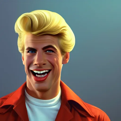 Image similar to a portrait of a beautiful blonde male from Grease (1978), smiling, Edward Hopper style, clear eyes, illustration, soft lighting, soft details, painting oil on canvas, octane render, HDR, trending on artstation, 4k, 8k, HD