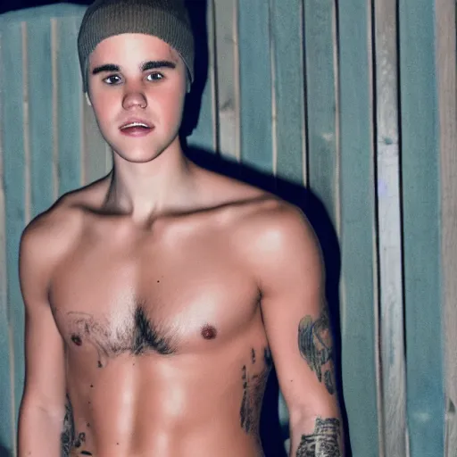 Prompt: high-resolution photograph of Justin Bieber in a sauna with dark hairy chest