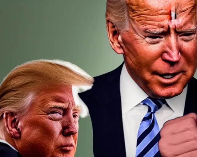 Image similar to joe biden with glowing eyes standing behind crying donald trump, octane render, 8 k